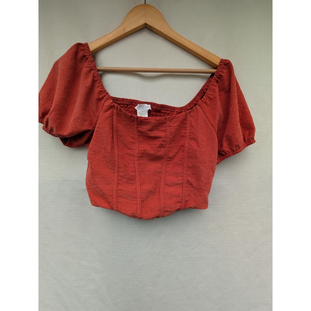 Kirious Los Angeles Corset Top M Rust Orange Puff Sleeve Milkmaid Crop Blouse
